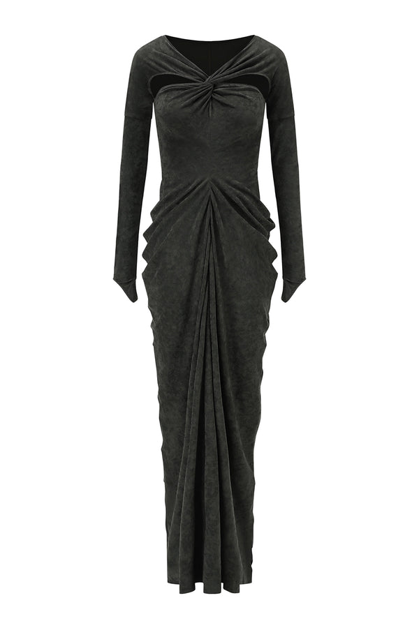 OUDE WAAG 25 Autumn and Winter Knot Stretch Velvet Dress OW-OW-25AW-DS15T1GR590-ML Dark Green